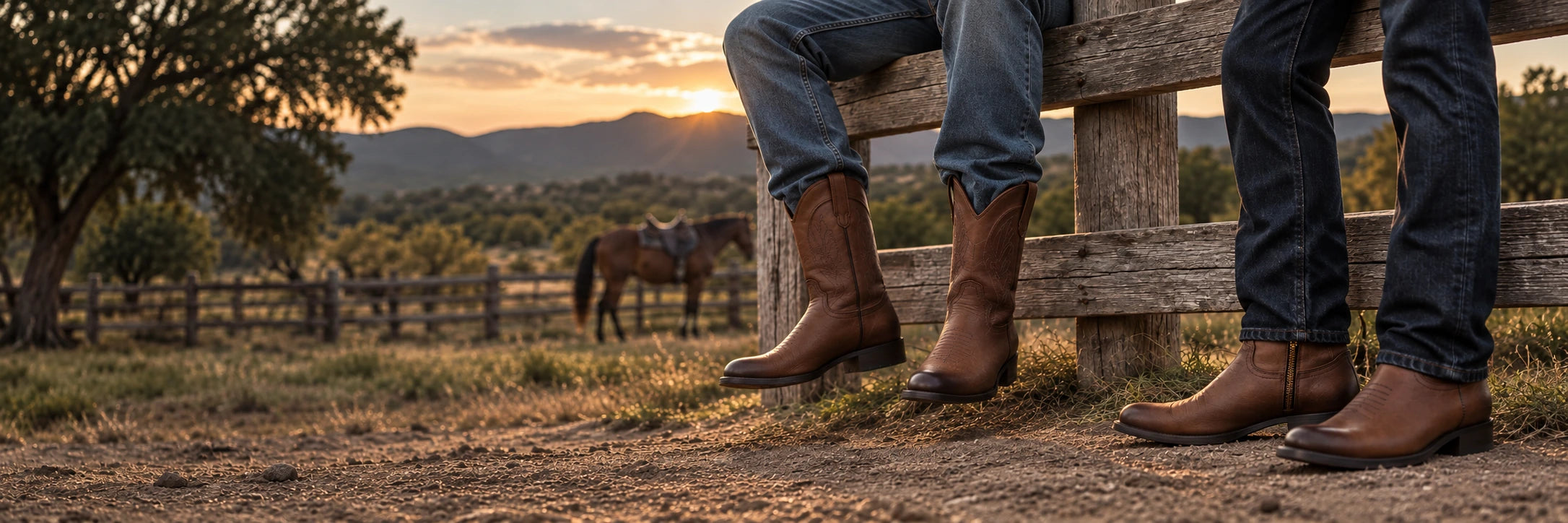 Western boots beside a ranch fence at sunset